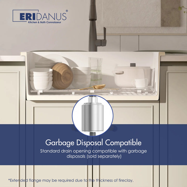 White rectangular fireclay sink with garbage disposal compatibility