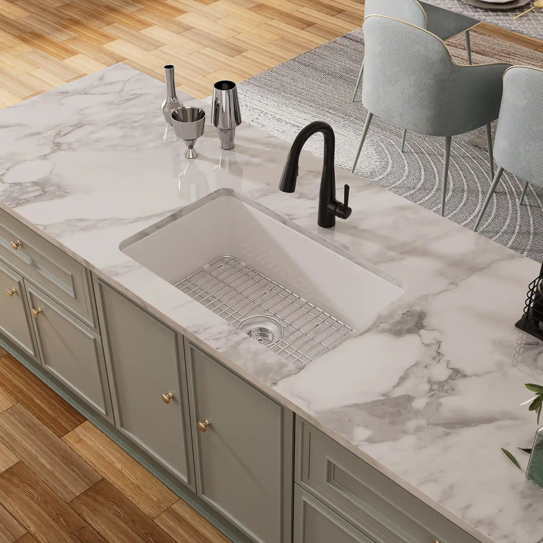 Oslo 32" Drop-In/Undermount Fireclay Kitchen Sink in Crisp White with Bottom Grid & Basket Strainer