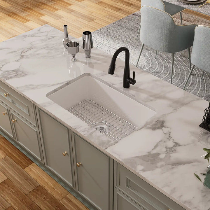 Oslo 32" Drop-In/Undermount Fireclay Kitchen Sink in Crisp White with Bottom Grid & Basket Strainer