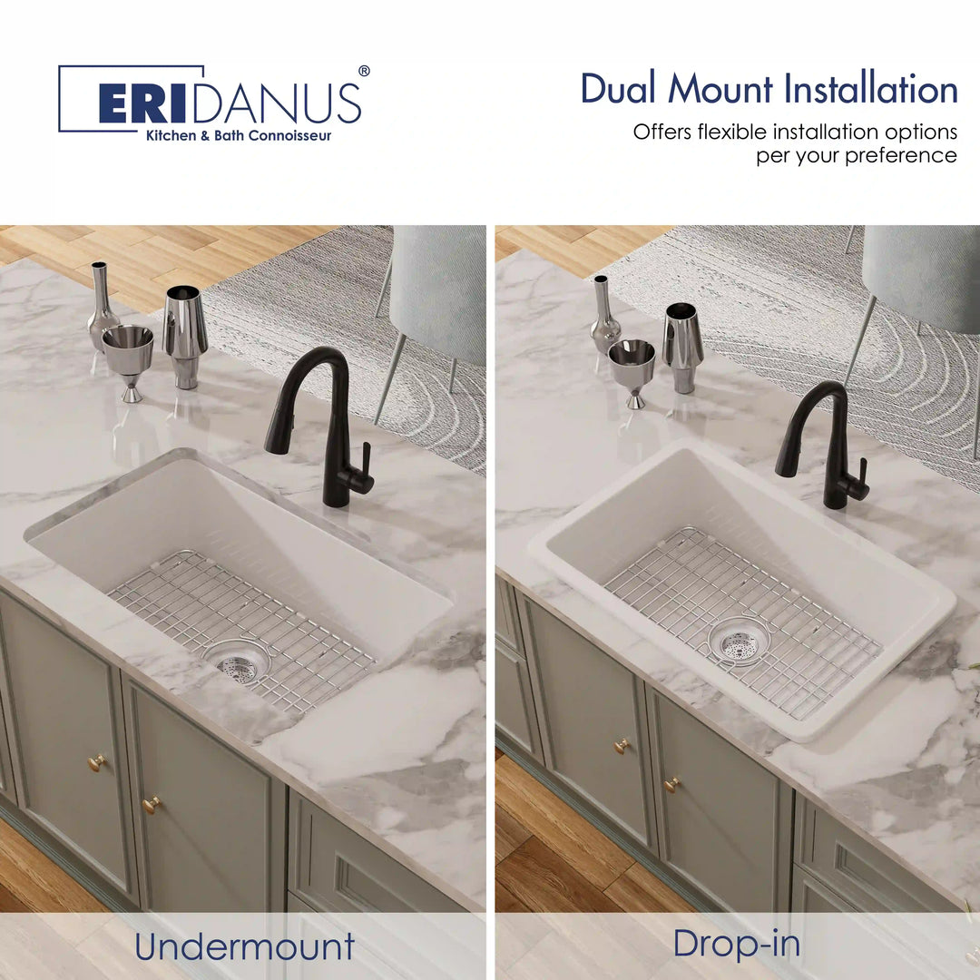 Oslo 32" Drop-In/Undermount Fireclay Kitchen Sink in Crisp White with Bottom Grid & Basket Strainer