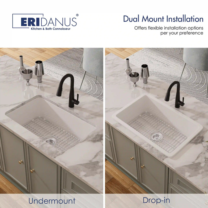 Oslo 32" Drop-In/Undermount Fireclay Kitchen Sink in Crisp White with Bottom Grid & Basket Strainer