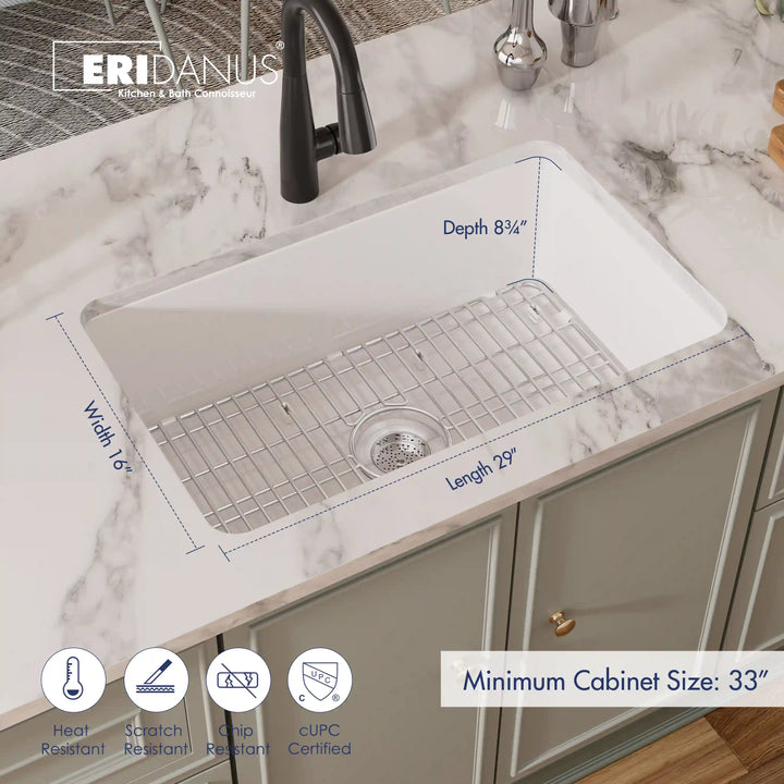 Oslo 32" Drop-In/Undermount Fireclay Kitchen Sink in Crisp White with Bottom Grid & Basket Strainer