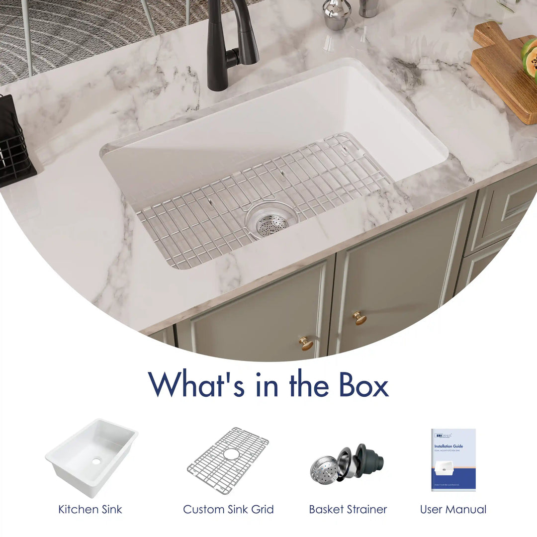 Oslo 32" Drop-In/Undermount Fireclay Kitchen Sink in Crisp White with Bottom Grid & Basket Strainer