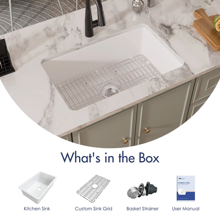 Oslo 32" Drop-In/Undermount Fireclay Kitchen Sink in Crisp White with Bottom Grid & Basket Strainer