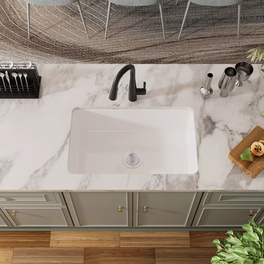 Oslo 32" Drop-In/Undermount Fireclay Kitchen Sink in Crisp White with Bottom Grid & Basket Strainer