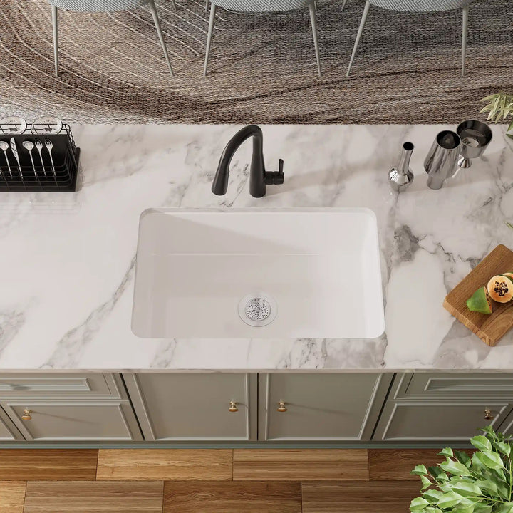 Oslo 32" Drop-In/Undermount Fireclay Kitchen Sink in Crisp White with Bottom Grid & Basket Strainer