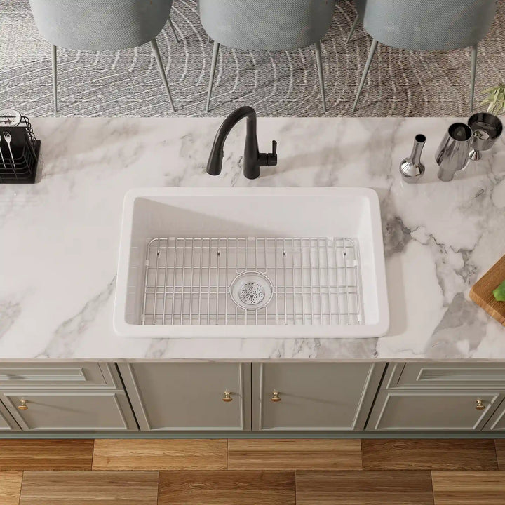 Oslo 32" Drop-In/Undermount Fireclay Kitchen Sink in Crisp White with Bottom Grid & Basket Strainer