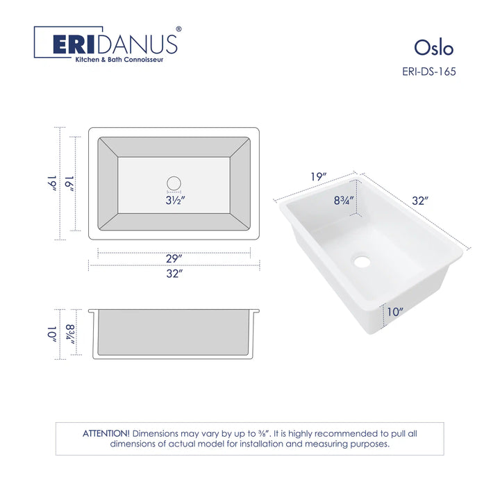 Oslo 32" Drop-In/Undermount Fireclay Kitchen Sink in Crisp White with Bottom Grid & Basket Strainer