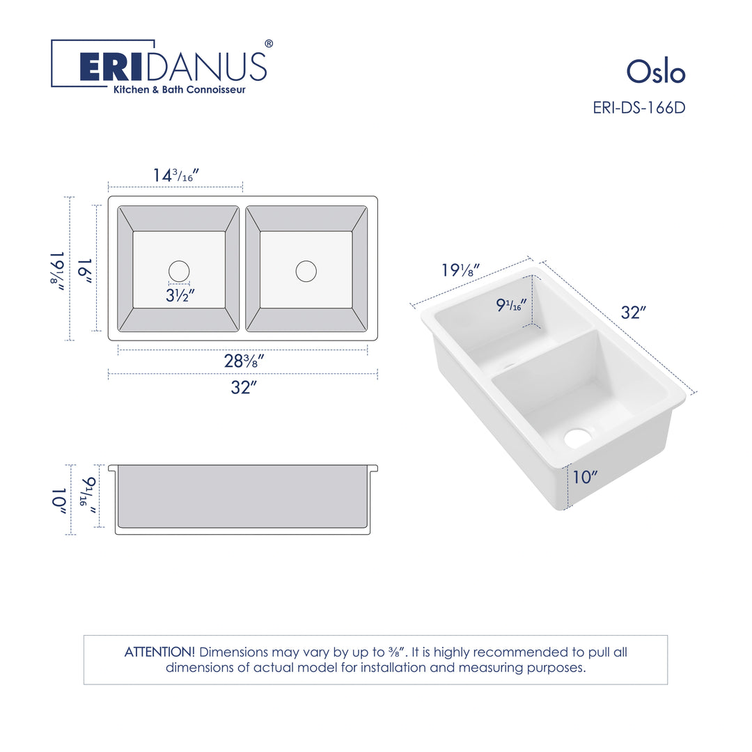 White double bowl under mount kitchen sink technical drawing with full dimension size markings