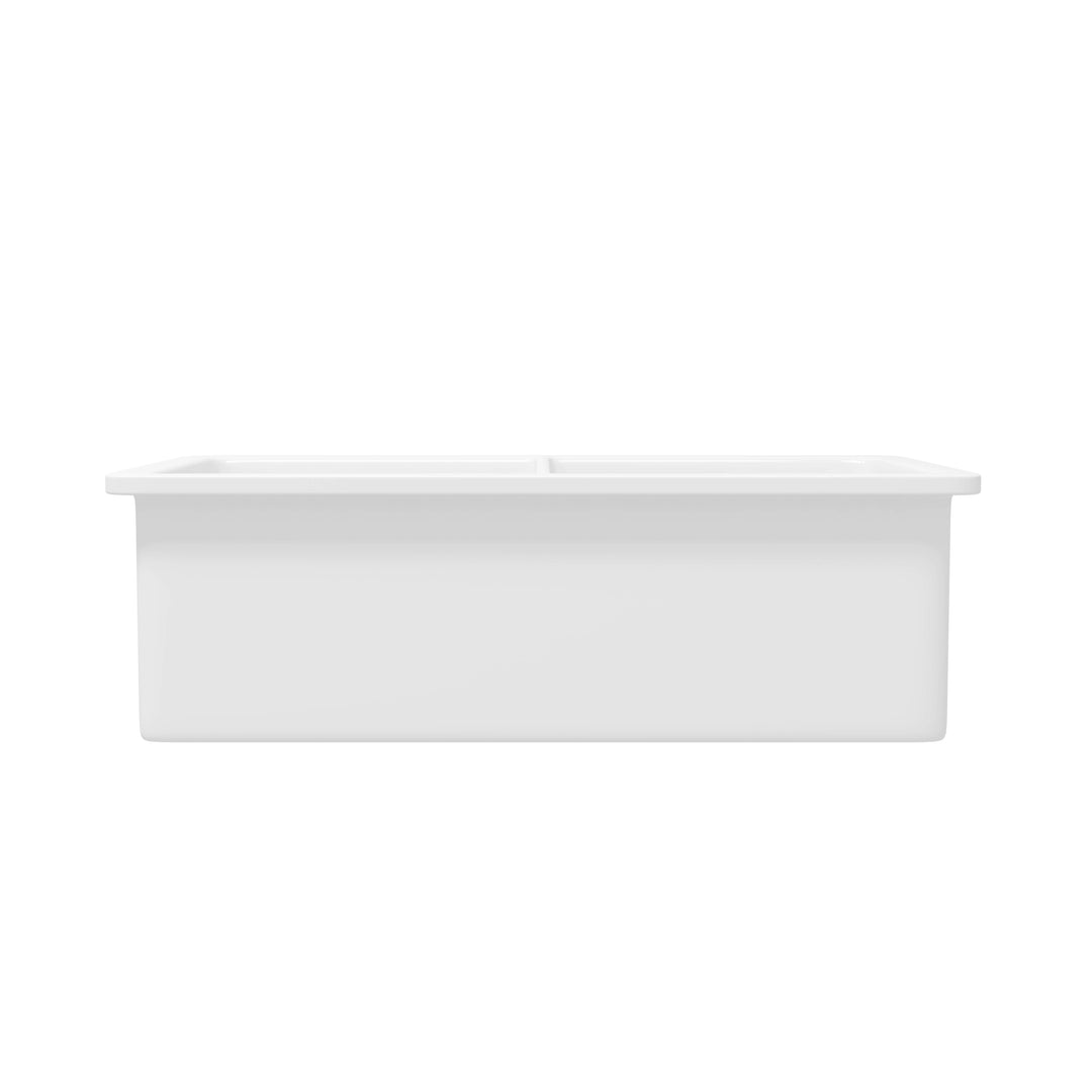 White double bowl fireclay under mount kitchen sink side profile smooth solid surface