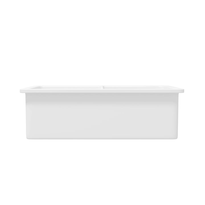 White double bowl fireclay under mount kitchen sink side profile smooth solid surface