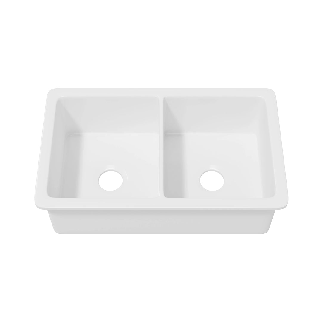 White equal double bowl fireclay kitchen sink top view with two drain holes