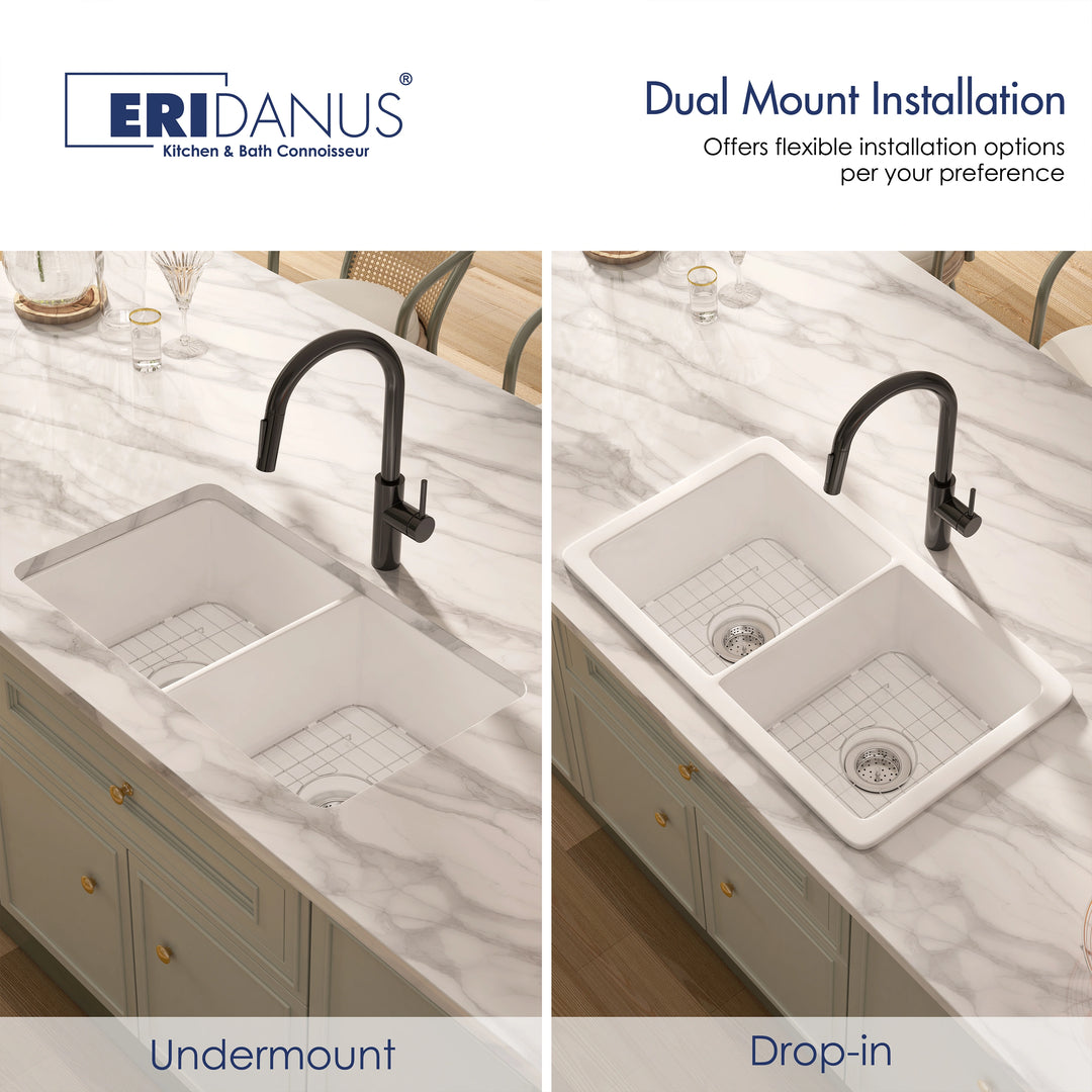 White double-bowl kitchen sink showing undermount and drop-in installation options.