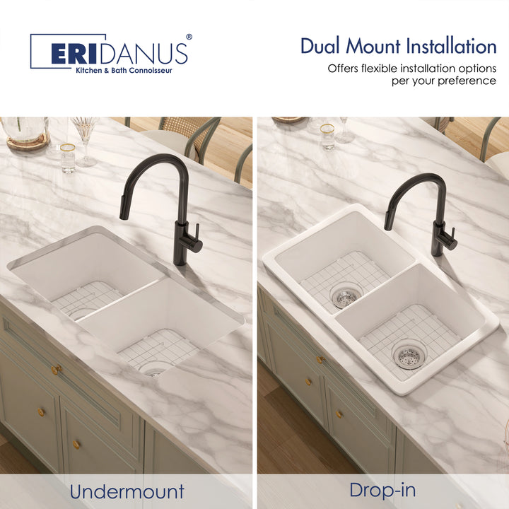 White double-bowl kitchen sink showing undermount and drop-in installation options.