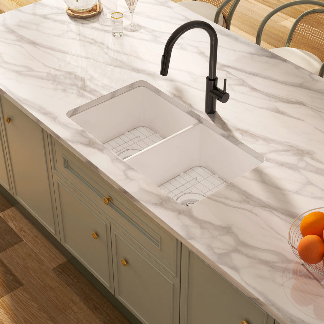 White double bowl quartz kitchen sink with stainless steel bottom racks, matte black modern faucet