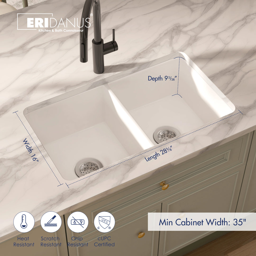 White equal double bowl quartz kitchen sink with dimension marks, heat &amp; scratch resistant, cUPC certified