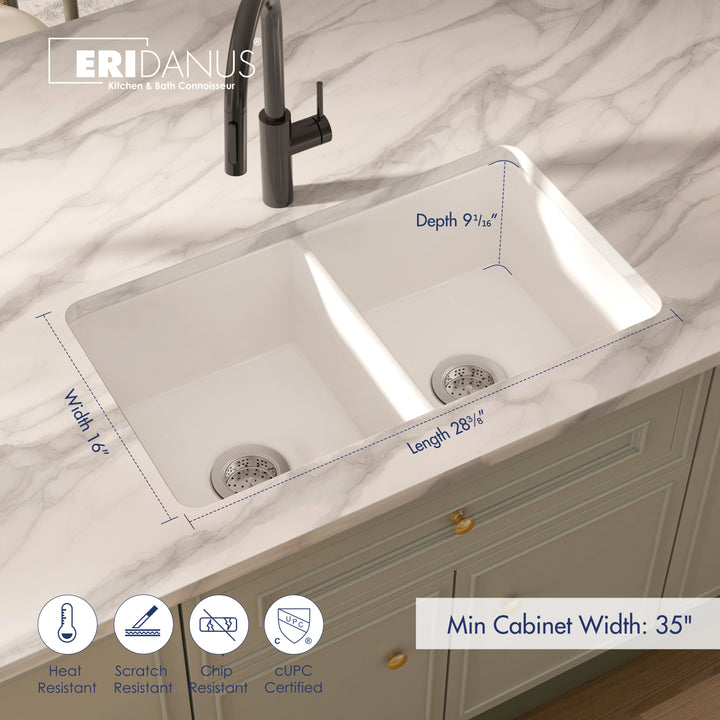 White equal double bowl quartz kitchen sink with dimension marks, heat &amp; scratch resistant, cUPC certified