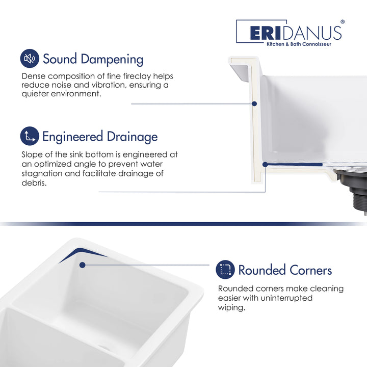 White fireclay kitchen sink cross-section diagram, sound dampening, sloped drainage, rounded easy-clean corners