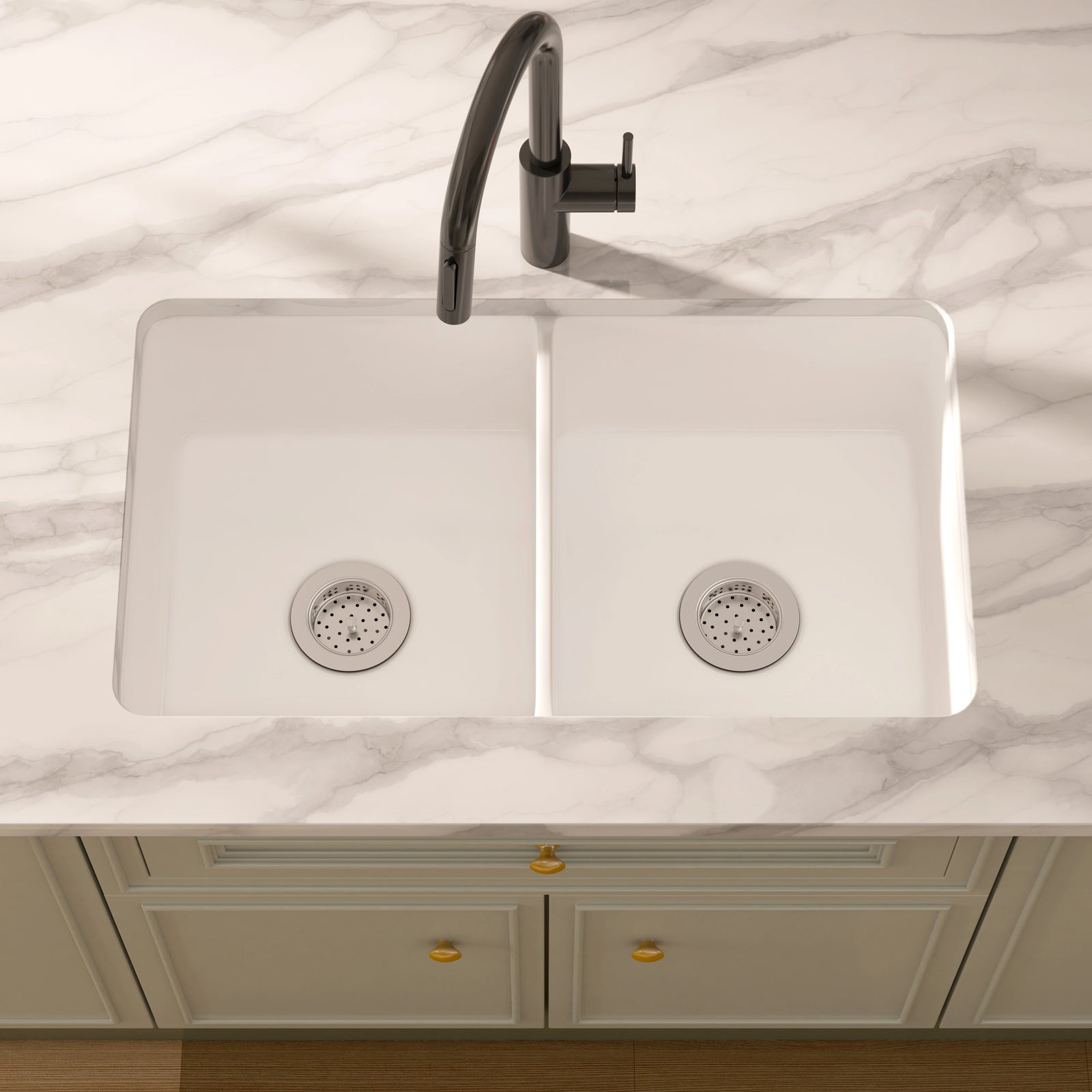 White composite double-bowl undermount kitchen sink with stainless steel strainers.