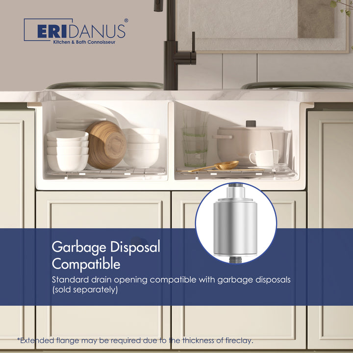 White double bowl kitchen sink with inner storage racks, garbage disposal compatible drain opening