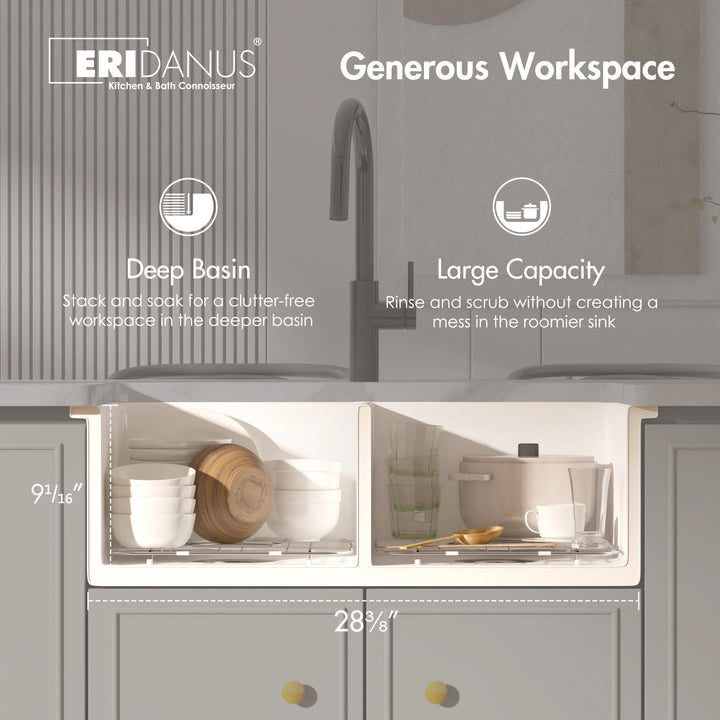 White double bowl kitchen sink with deep large capacity basins, dimension labels for ample workspace