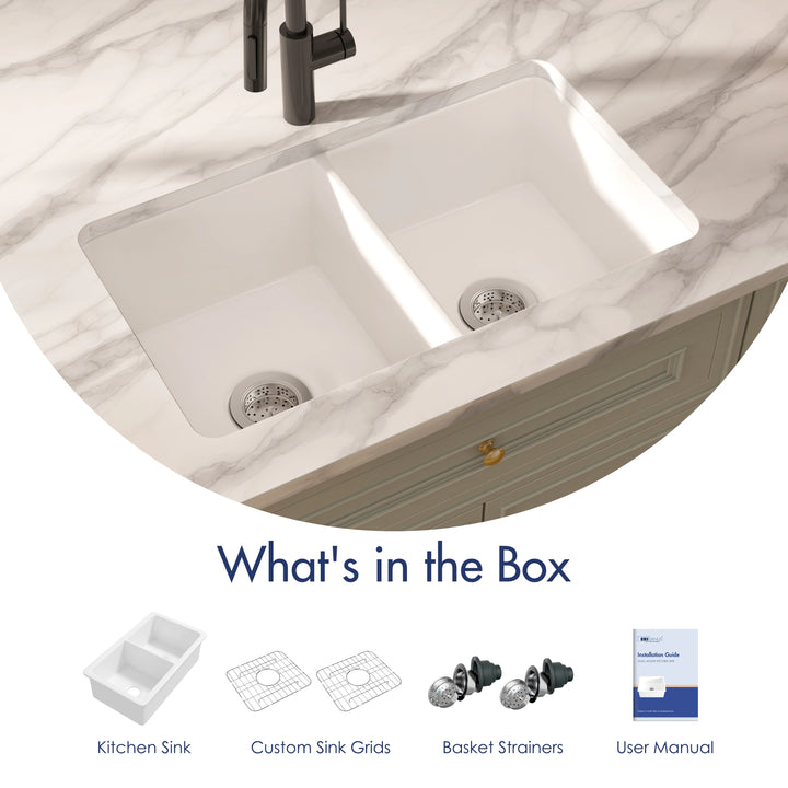 White double bowl quartz kitchen sink full package contents display with grids, drain strainers and manual