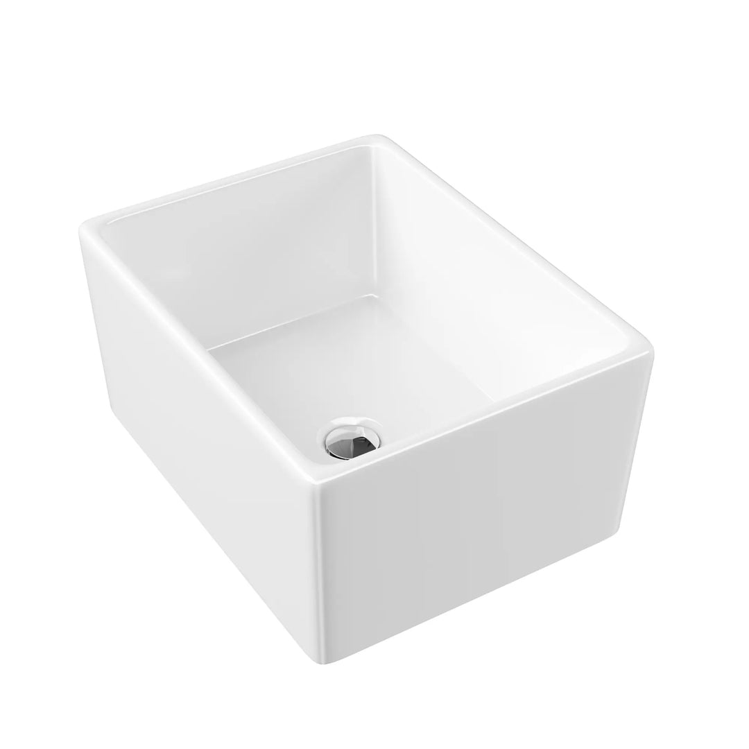 White rectangular ceramic sink with a single drain hole