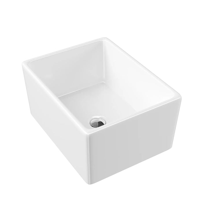 White rectangular ceramic sink with a single drain hole