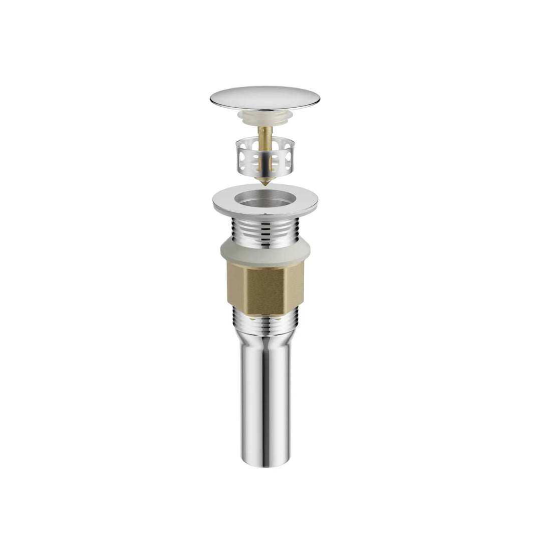 Chrome pop-up drain assembly with a brass connector for kitchen sinks.