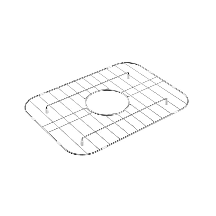 Stainless steel kitchen sink grid with circular drain opening.