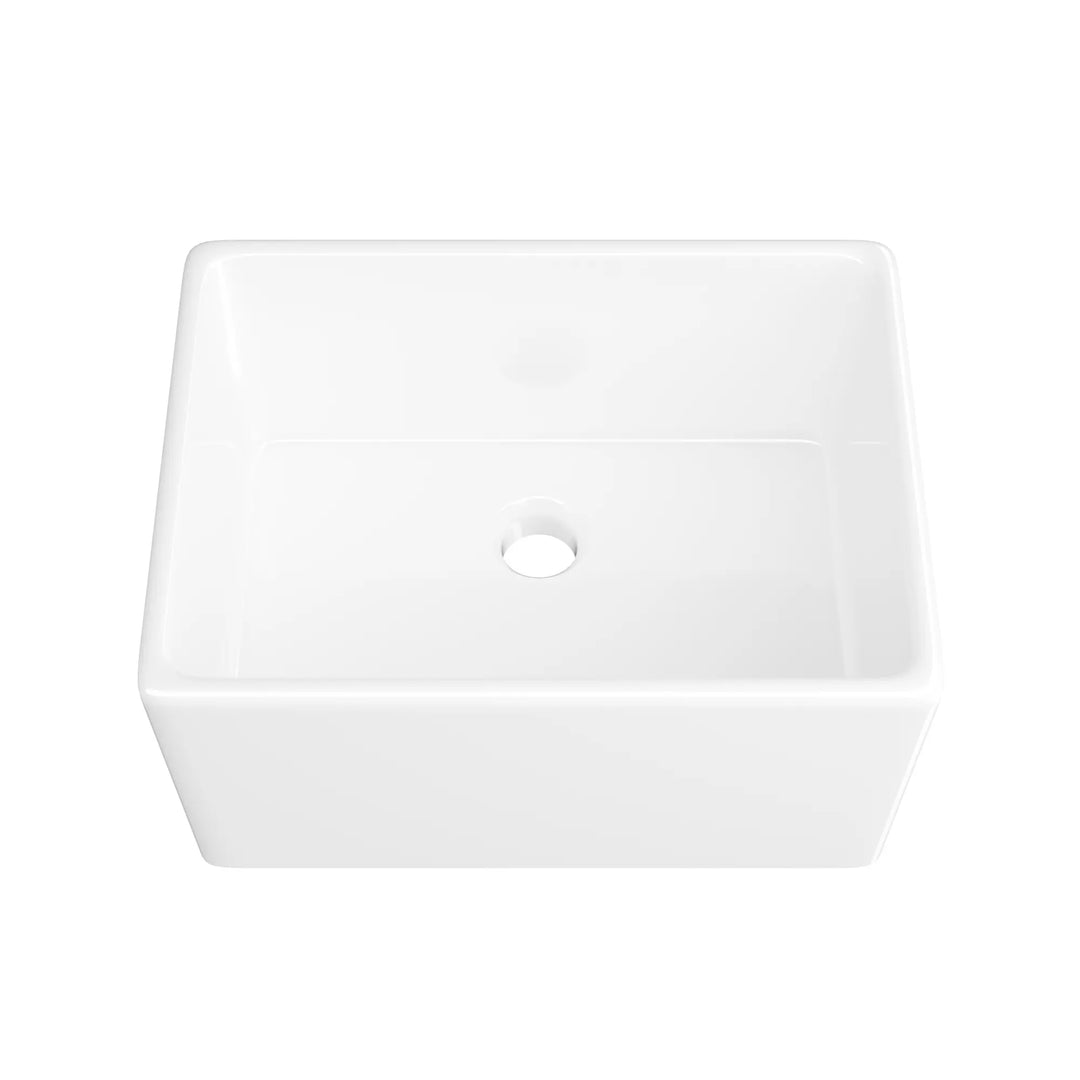 White rectangular ceramic sink with a single drain hole