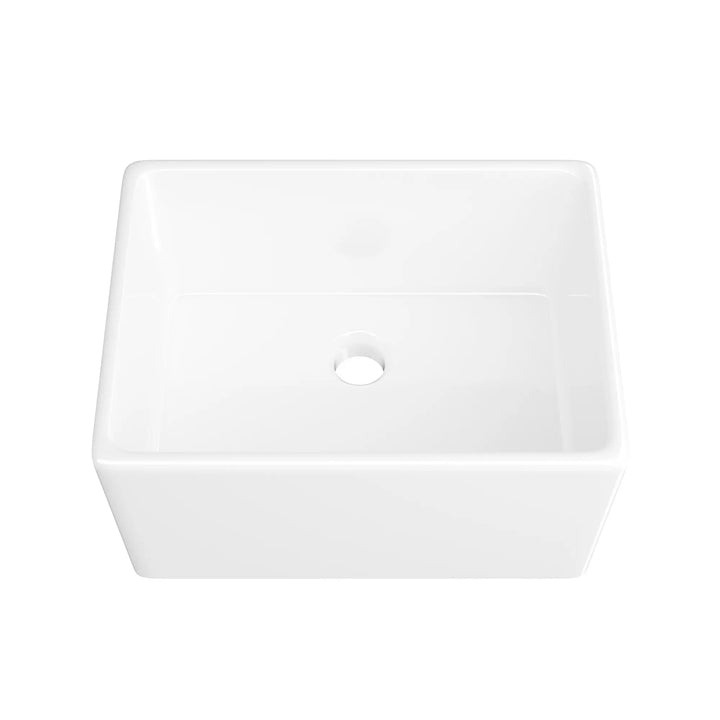 White rectangular ceramic sink with a single drain hole