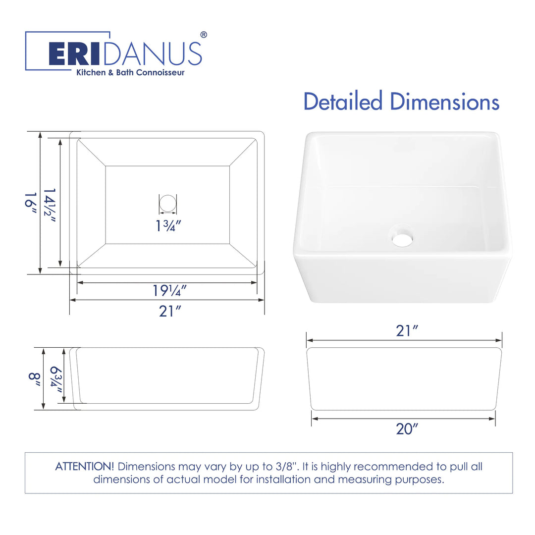 White ceramic kitchen sink with detailed dimensions for installation.