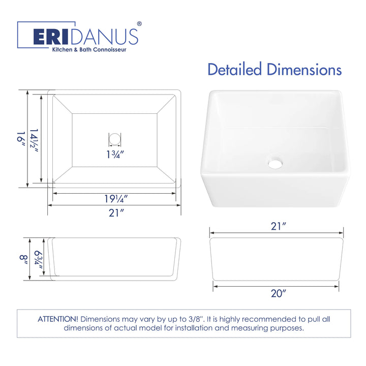 White ceramic kitchen sink with detailed dimensions for installation.