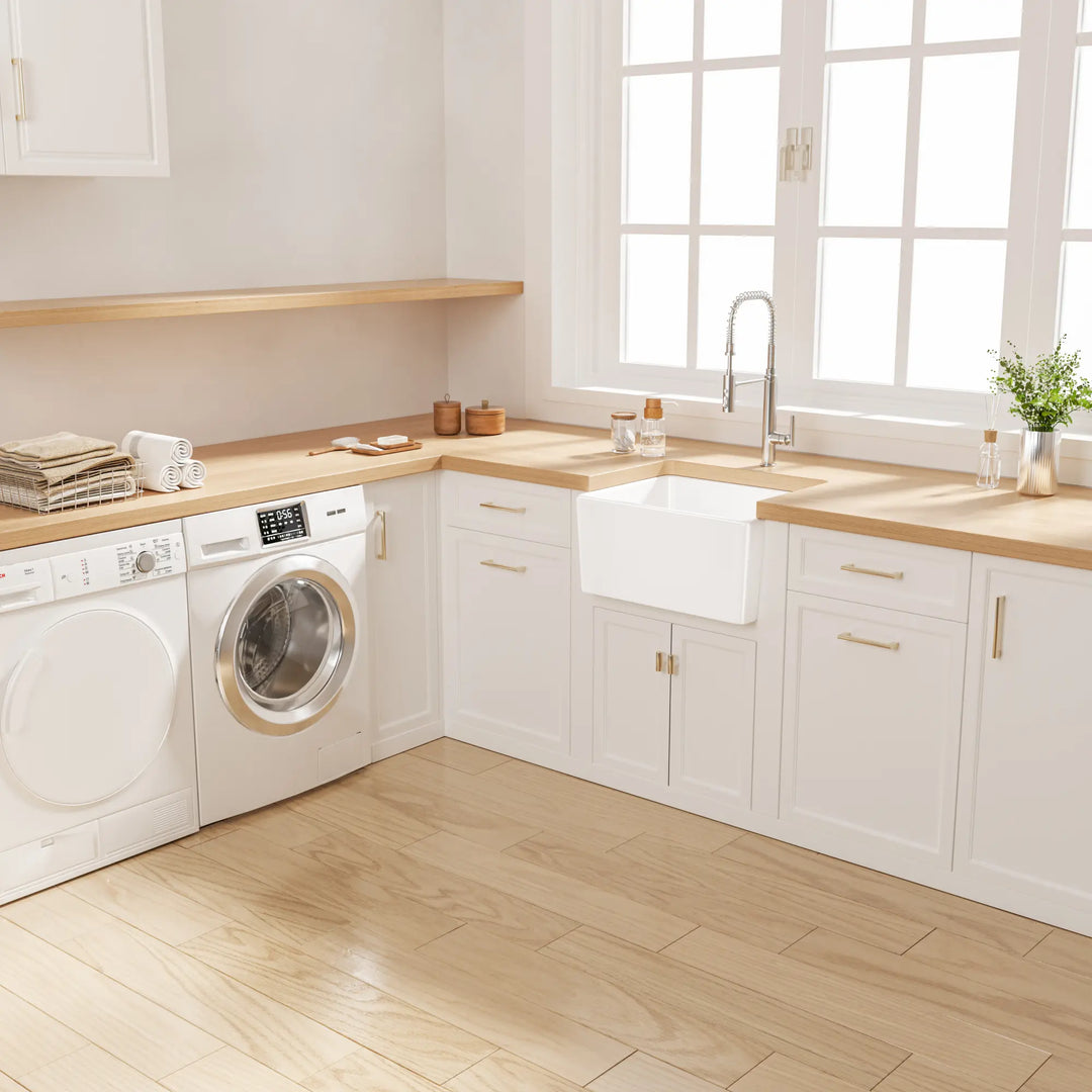 White farmhouse apron sink in a laundry room with wooden countertop