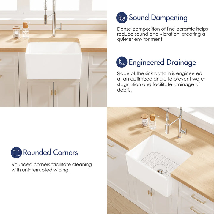 White farmhouse apron sink with sound dampening, engineered drainage, and rounded corners
