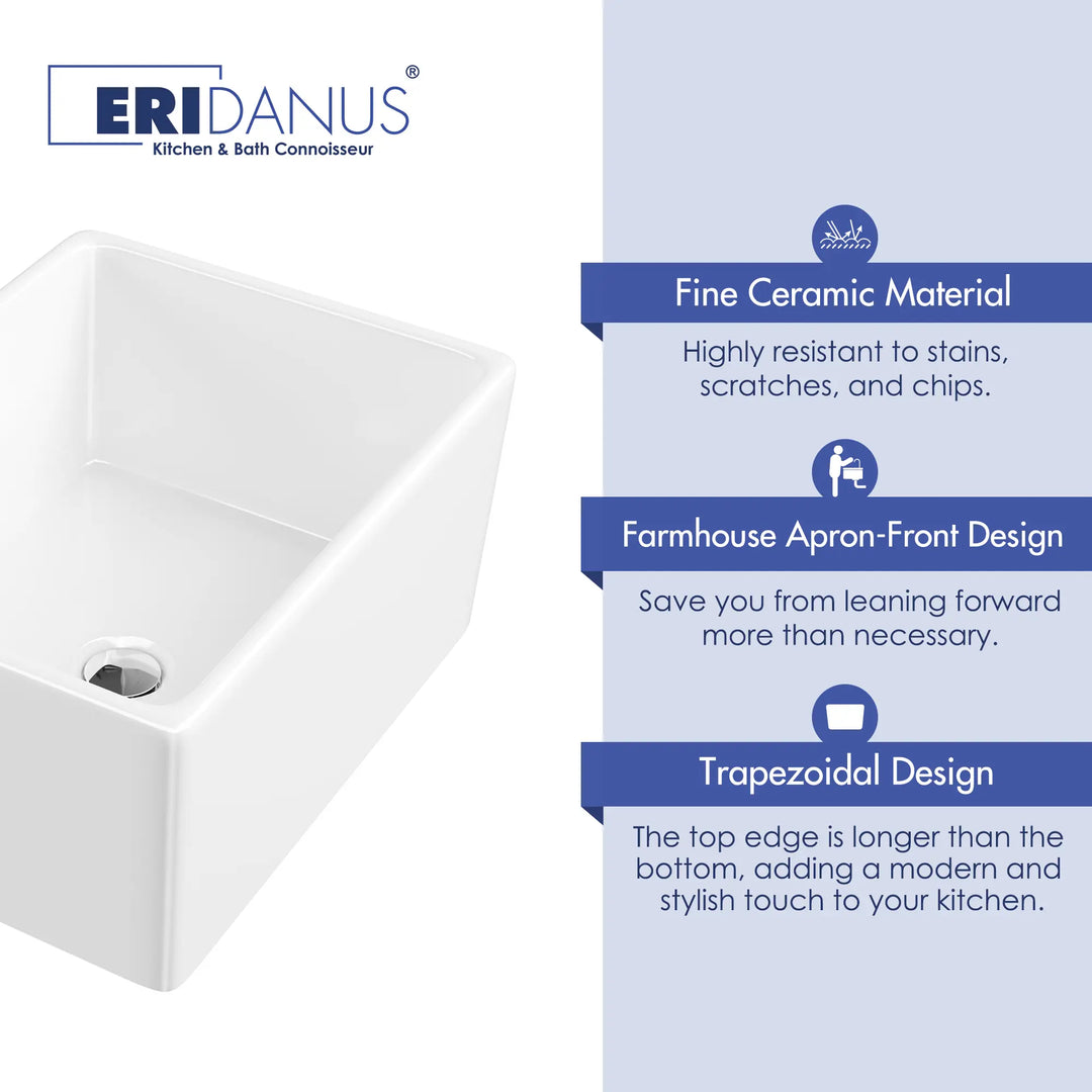 White ceramic farmhouse apron sink with trapezoidal design