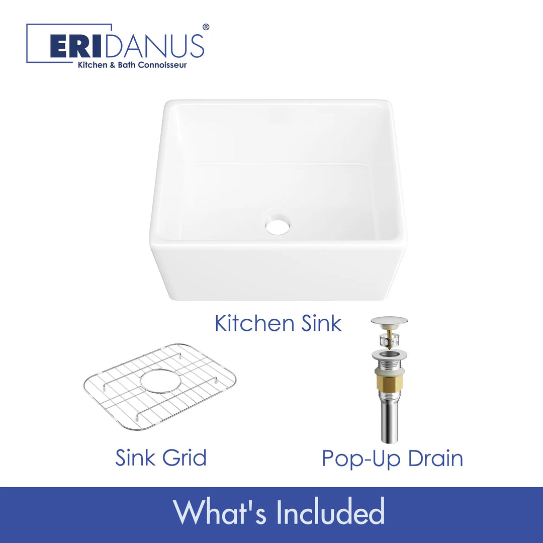 White ceramic kitchen sink with a pop-up drain and sink grid included.