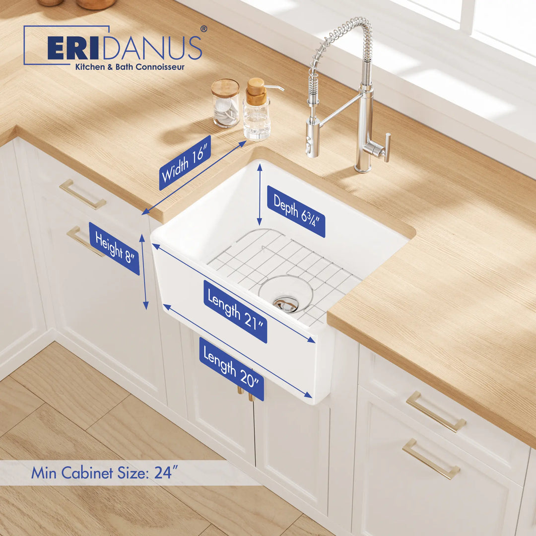White farmhouse apron sink with dimensions: 21" length, 16" width, 8" height