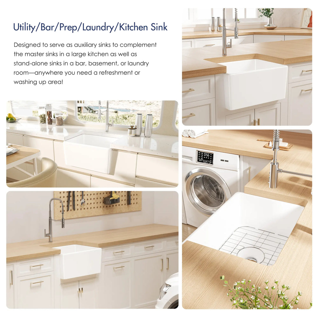 White farmhouse apron sink suitable for kitchen, laundry, or bar use