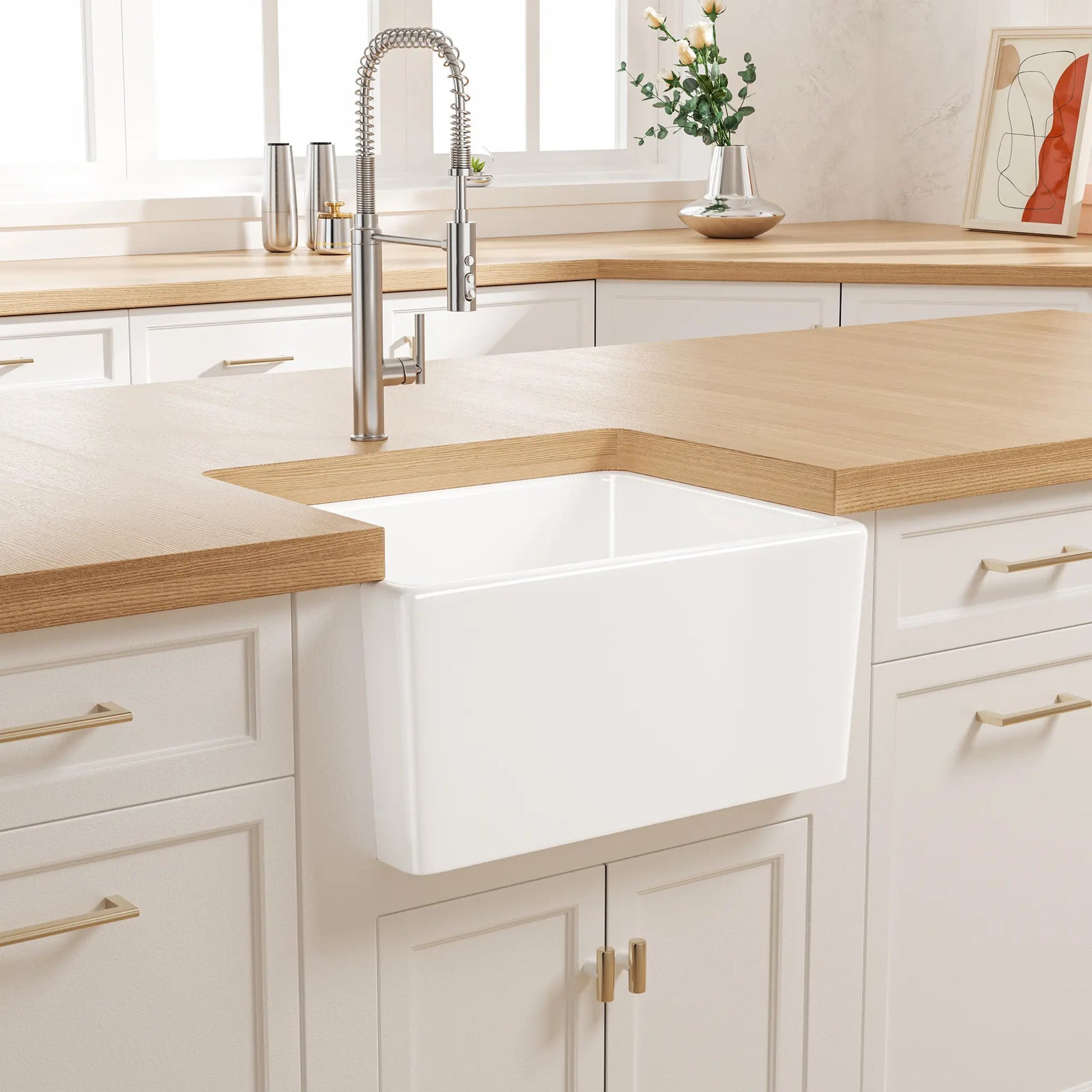 White farmhouse apron sink in a modern kitchen setting