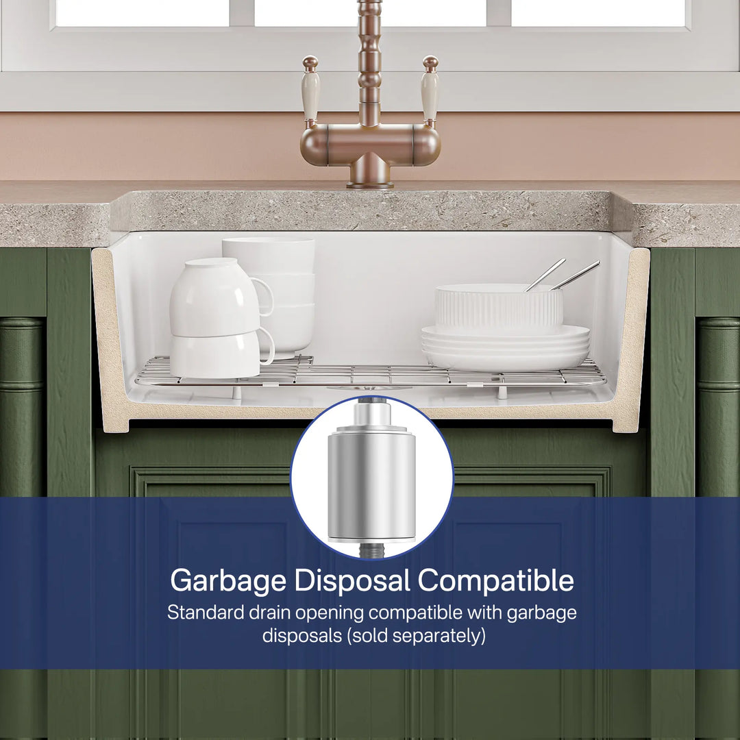 White fireclay farmhouse kitchen sink cross-section with garbage disposal compatibility