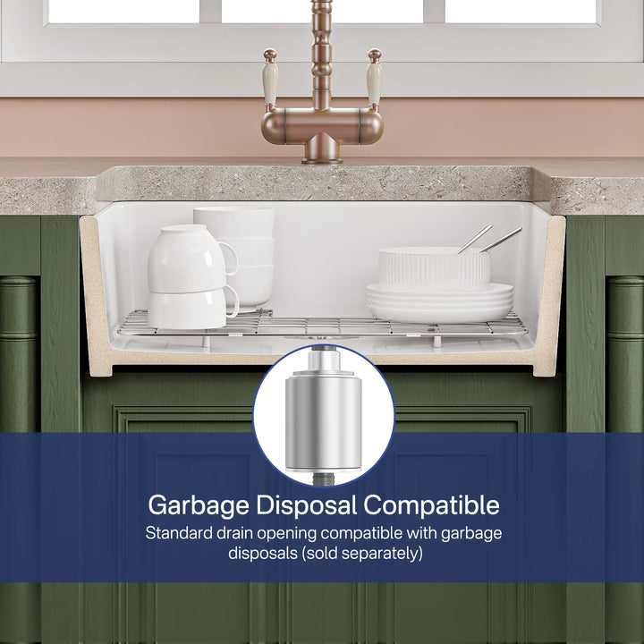White fireclay farmhouse kitchen sink cross-section with garbage disposal compatibility