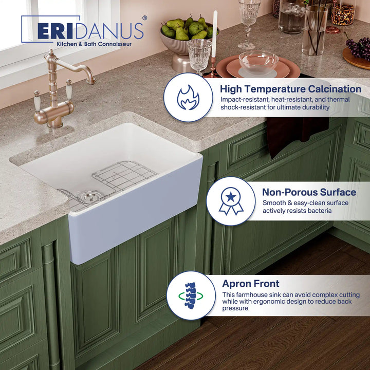White fireclay farmhouse kitchen sink with apron front and non-porous surface features