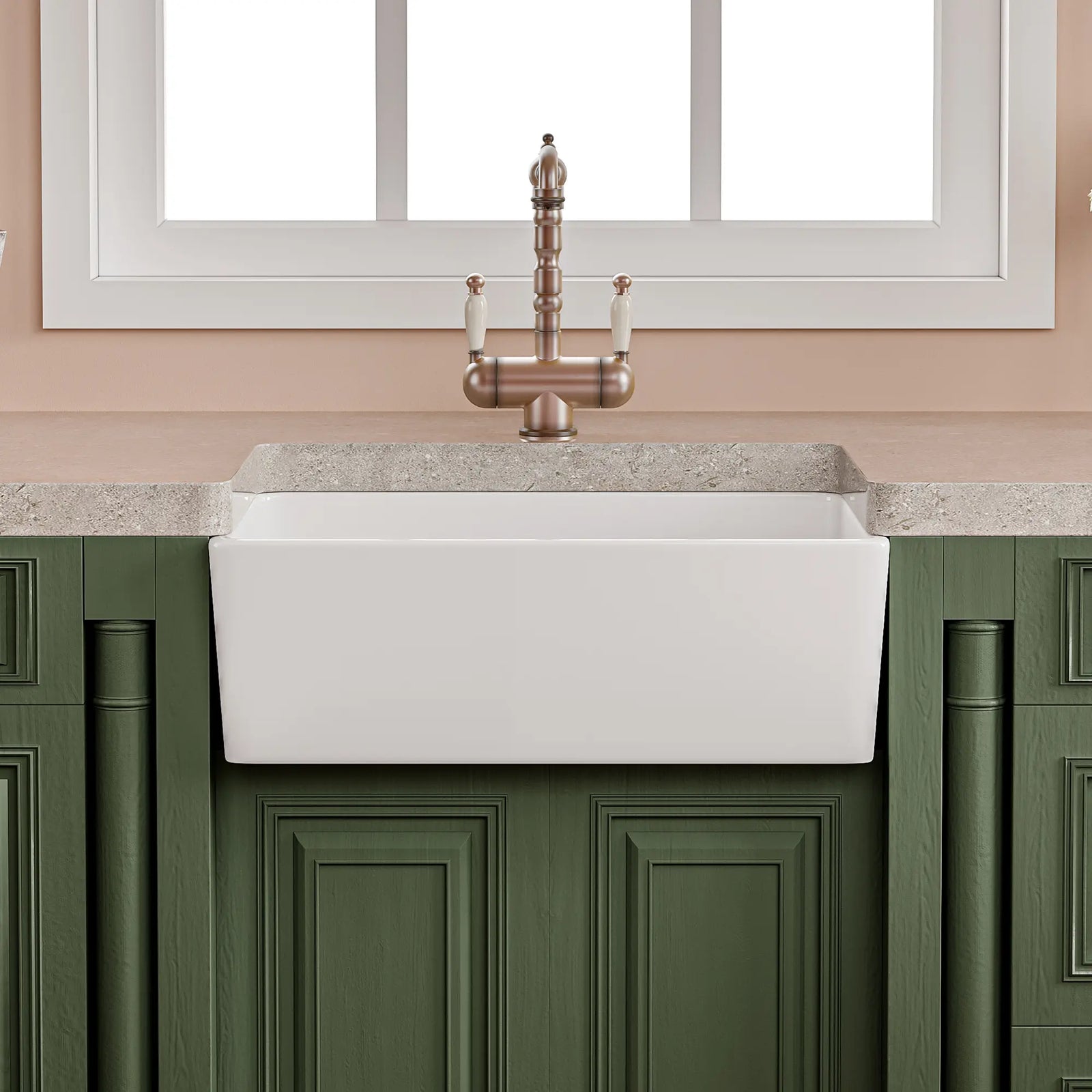 White fireclay apron front farmhouse kitchen sink with antique faucet