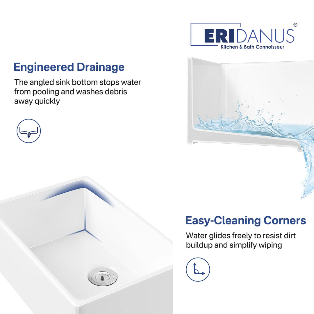 White fireclay sink with engineered drainage and easy-clean rounded corners