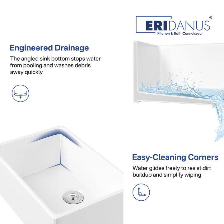 White fireclay sink with engineered drainage and easy-clean rounded corners