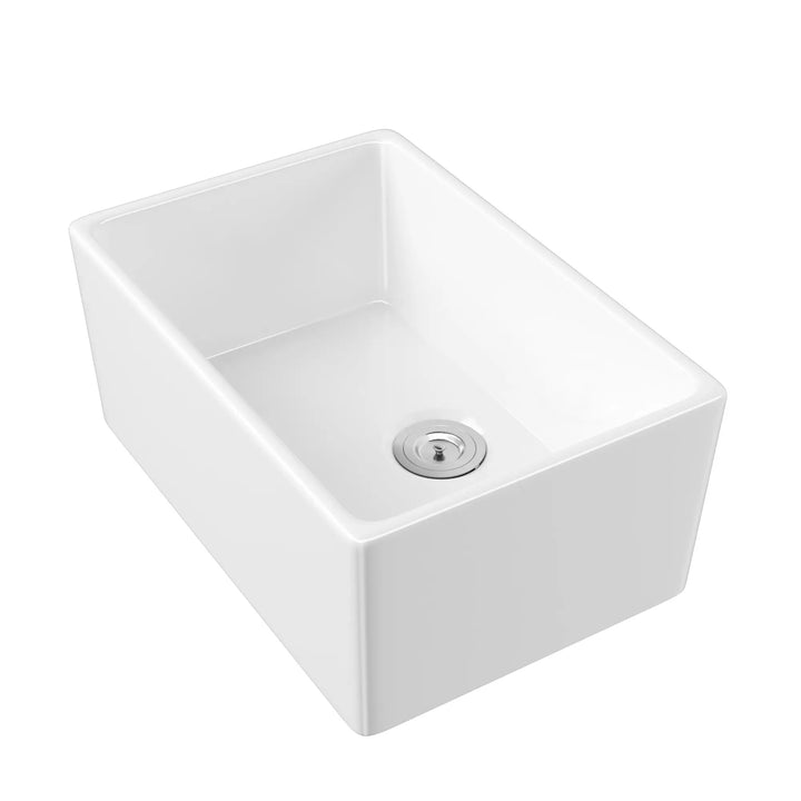 White fireclay farmhouse sink dimensions and material features