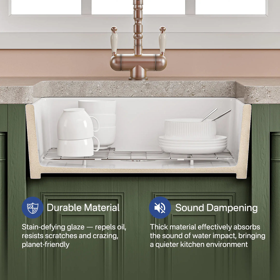 White fireclay farmhouse kitchen sink cross-section highlighting durable material and sound dampening