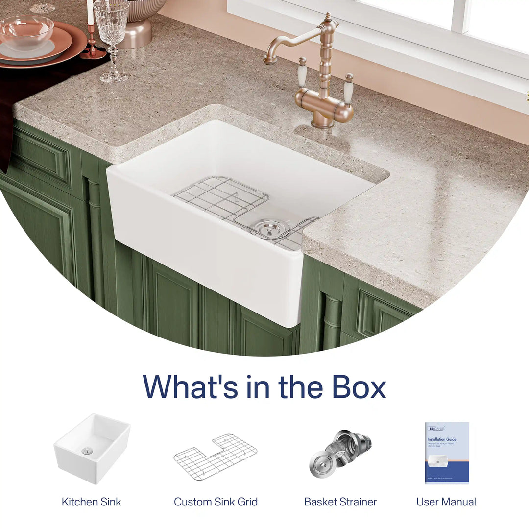 White fireclay farmhouse kitchen sink kit with included grid, strainer, and manual